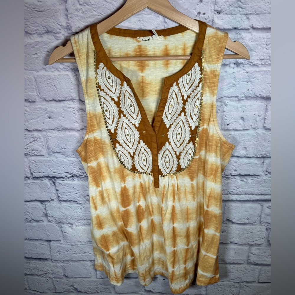 Anthropologie Tie Dye Embroidered Tank‎ Top Floreat tan/white size small - Picture 2 of 9